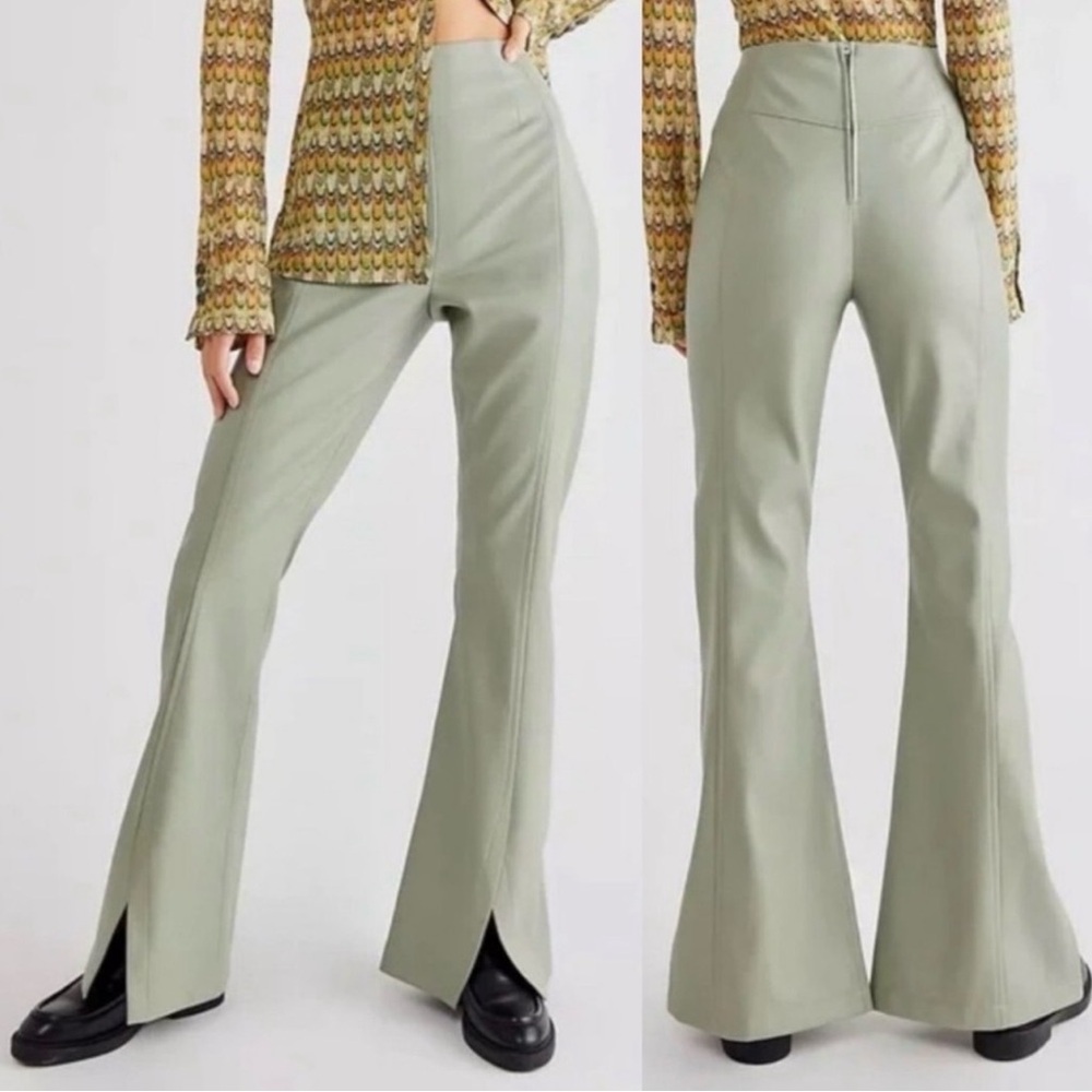 Free People Real Deal Slit Flare Faux Leather Pants 28 High Rise Green Boho
